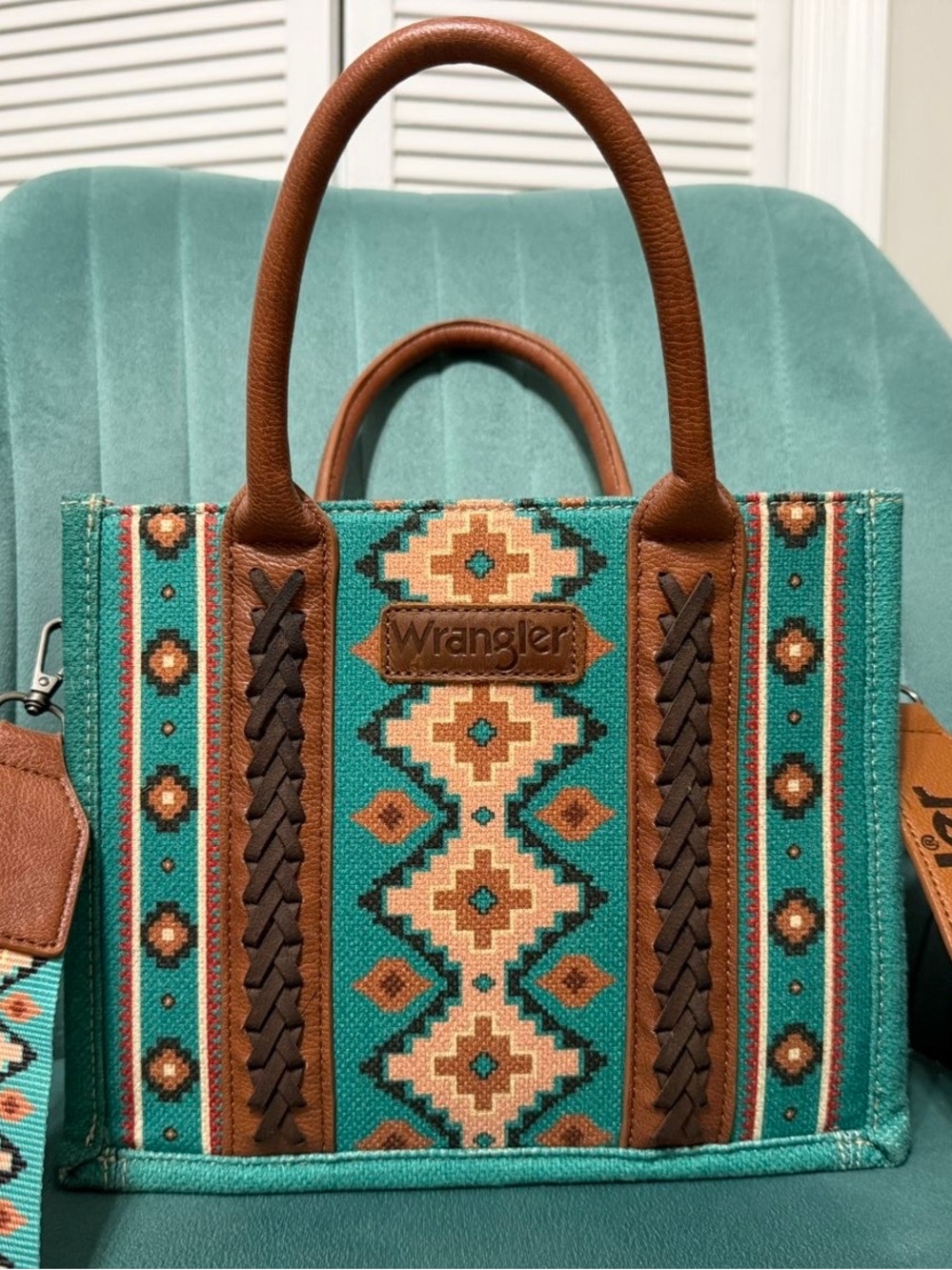 Wrangler Turquoise Southwestern Tote Bag with Brown Leather Trim